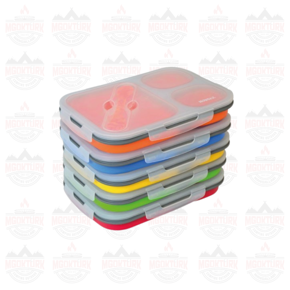 SİLİKON KATLANABİLİR ÜÇ GÖZLÜ YEMEK SETİ YEŞİL