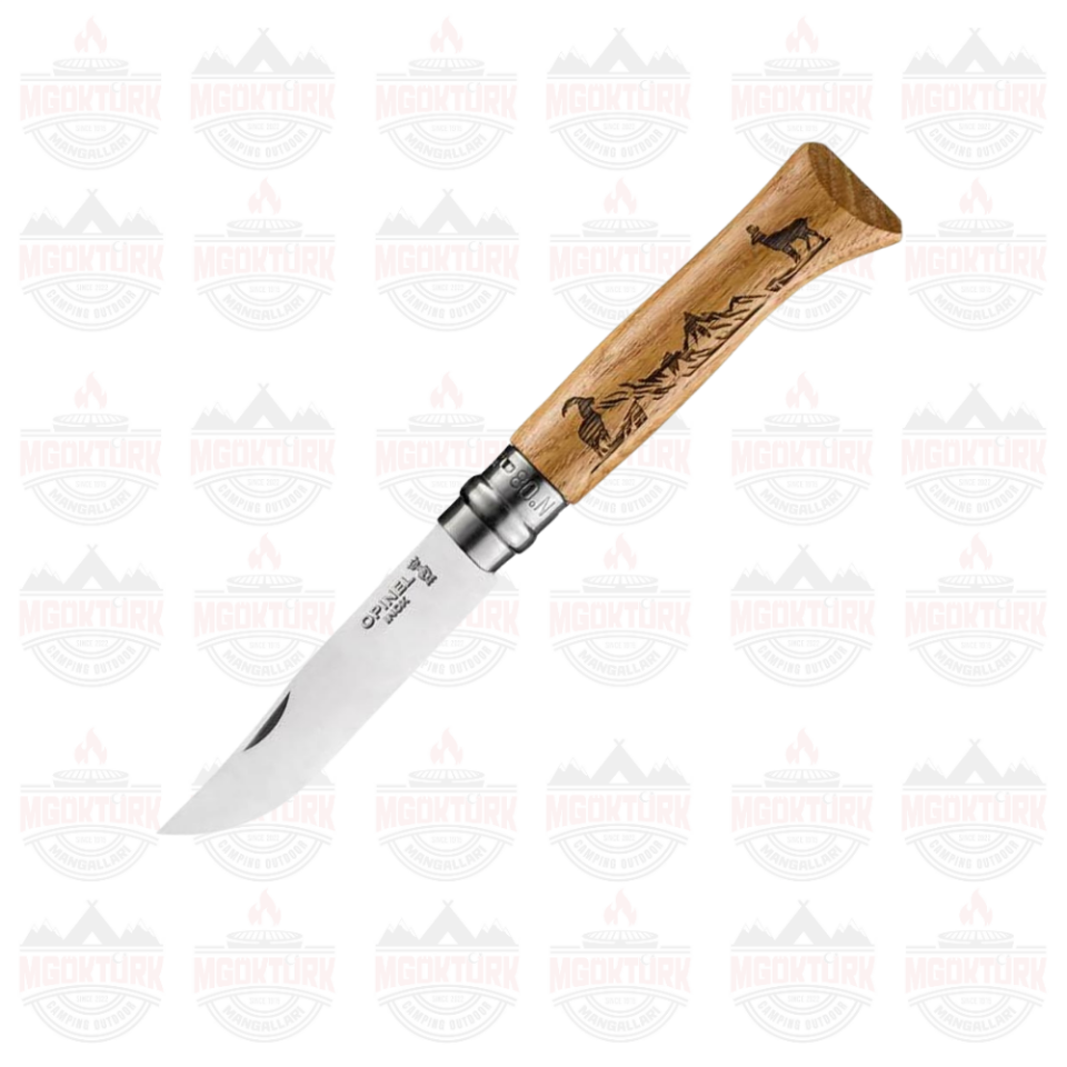 Opinel Inox No 8 Meşe Saplı Keçi Desenli Paslanmaz Çelik Çakı