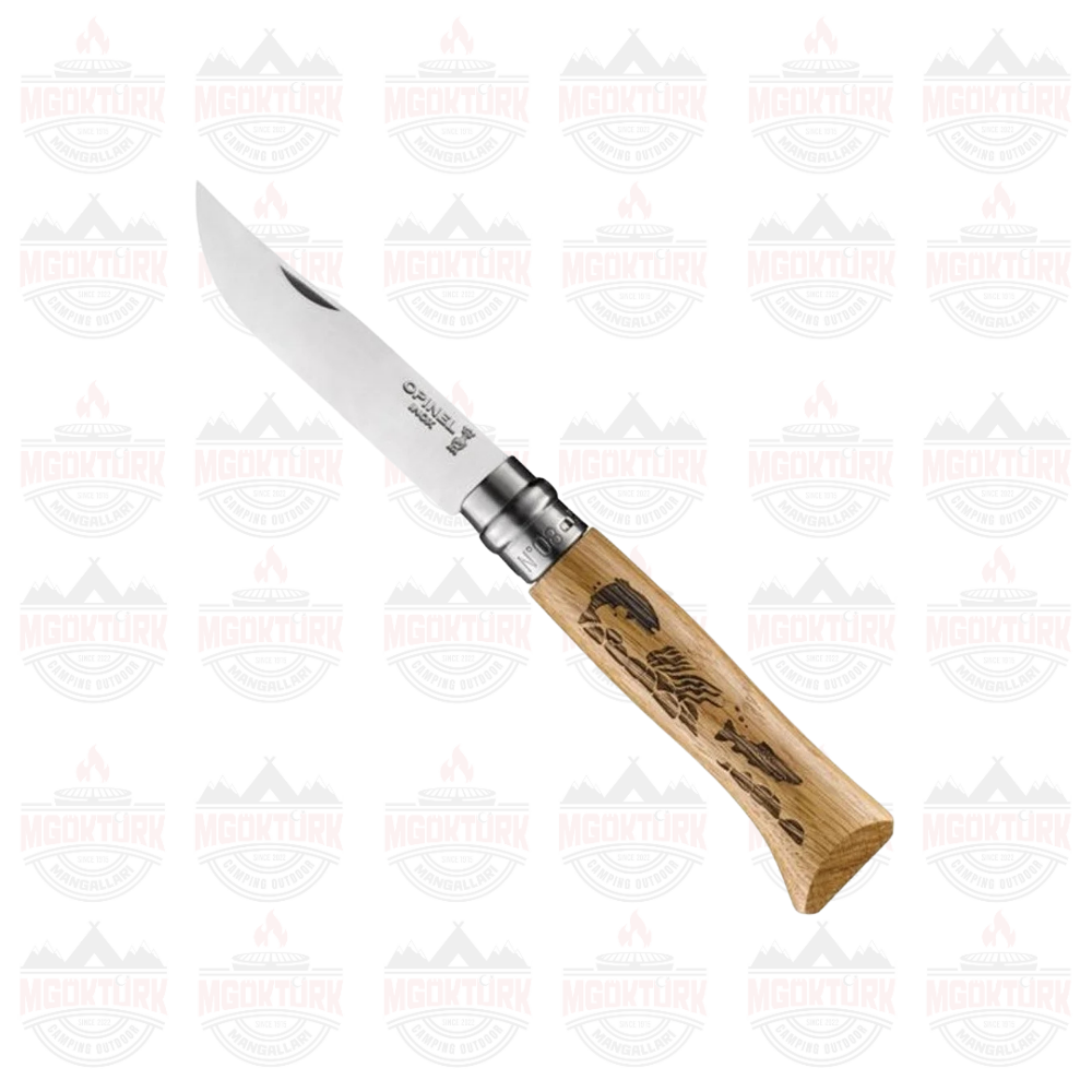Opinel Inox No 8 Meşe Saplı Balık Desenli Paslanmaz Çelik Çakı