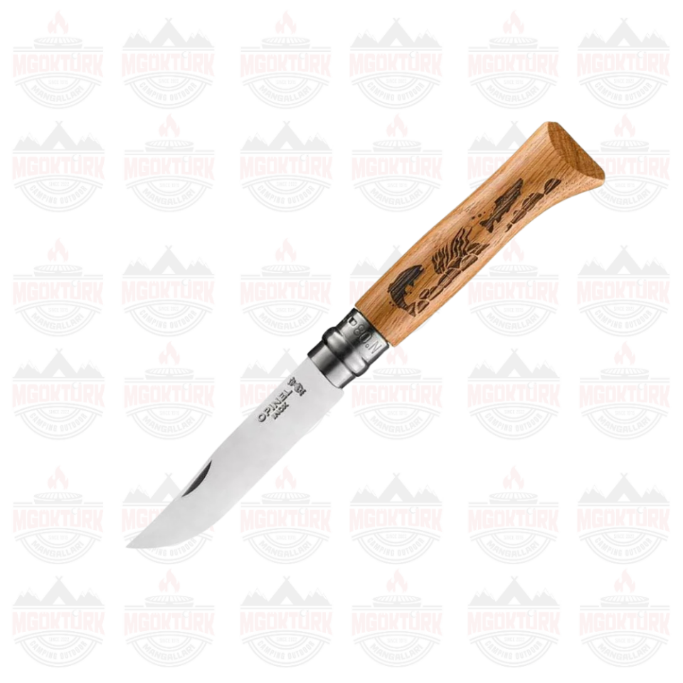 Opinel Inox No 8 Meşe Saplı Balık Desenli Paslanmaz Çelik Çakı