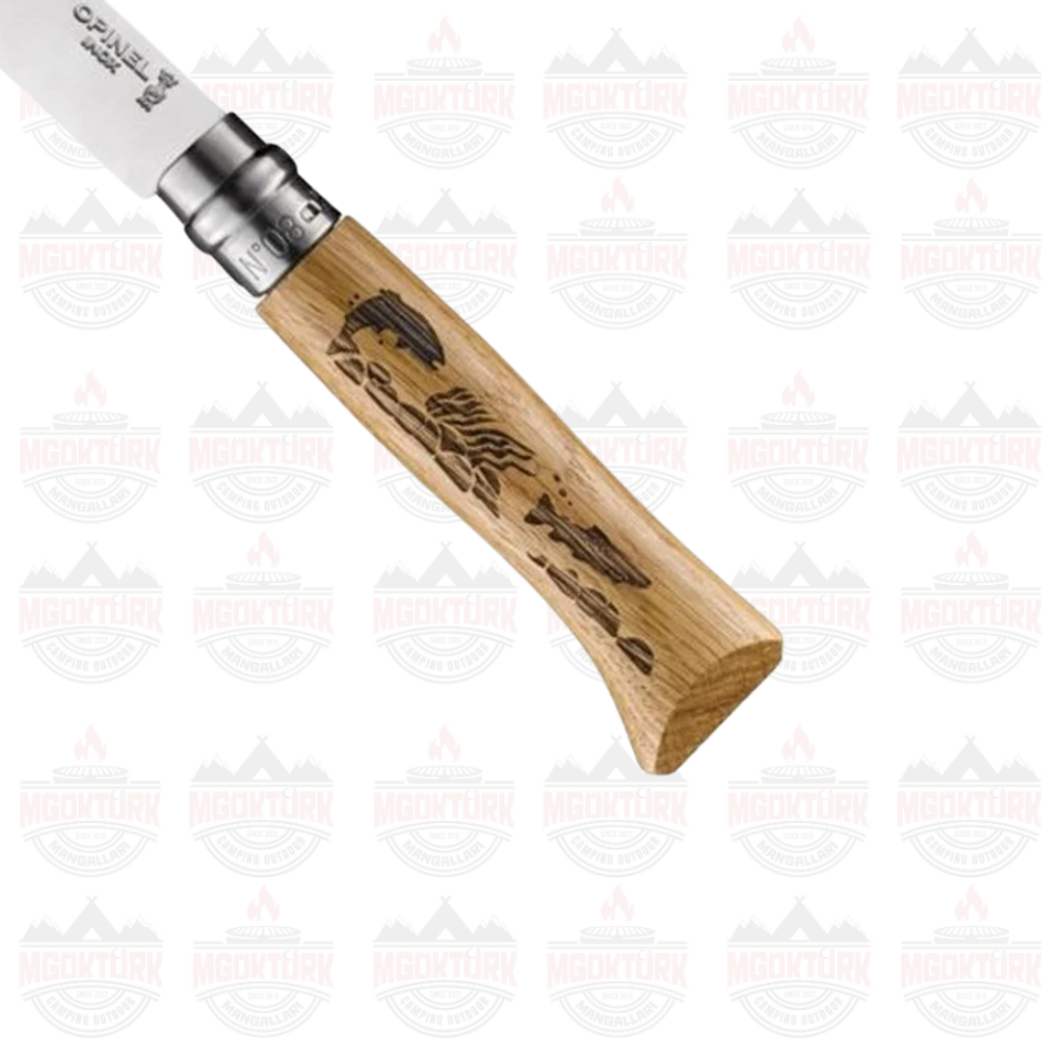 Opinel Inox No 8 Meşe Saplı Balık Desenli Paslanmaz Çelik Çakı
